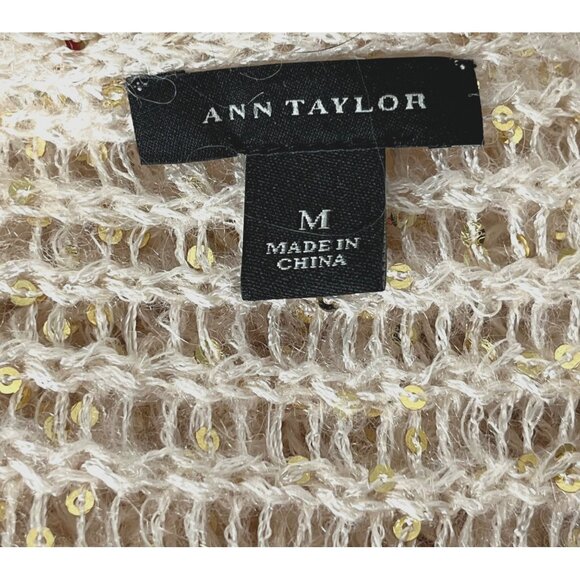 Ann Taylor Loose-Knit Sweater Beige Sequined 3/4-Sleeve Scoop-Neck Sz. M - Picture 2 of 6